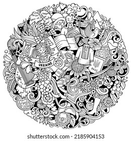 Dibujo de dibujos animados de Ucrania. Símbolos, elementos y objetos ucranianos de fondo. Una foto graciosa. Todos los elementos están separados