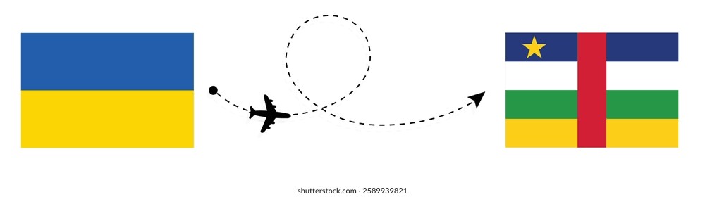 Ukraine to Central African Republic Flight Travel by Air. Kyiv to Bangui Flight Travel Concept Vector Art. Ukraine and Central African Republic Flags Together.