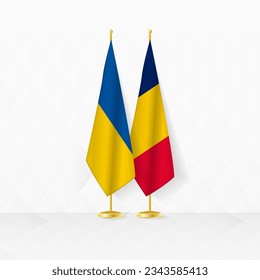 Ukraine and Chad flags on flag stand, illustration for diplomacy and other meeting between Ukraine and Chad. Vector illustration.