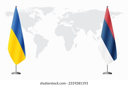 Ukraine and civil Serbia flags for official meeting against background of world map.