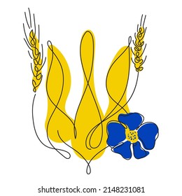 Ukraine coat of arms with wheat  and cornflowe in nationality Ukrainian flag color. The vector illustration global politics, NO WAR, aggression problem picture in continuous line art style