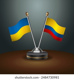 Ukraine and Colombia flag together. Small table flag with color gradient background