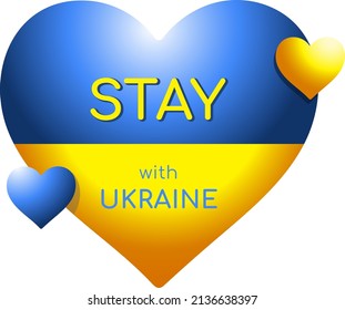 Ukraine colorful flag in heart shape with little hearts and message Stay with Ukraine 