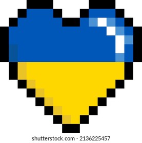 Ukraine colors national blue and yellow flag in pixel heart on white background. National symbol of Ukraine. Pixel art. Retro style icon. Vector illustration.