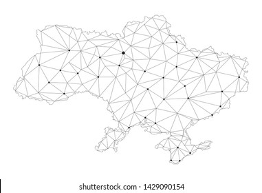 Ukraine communication network map. Vector low poly image of a global map with lights in the form of cities in or population density consisting of points and shapes and space. Easy to edit