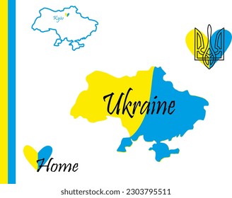 Ukraine Konzept Vektorsymbole Set. Ukraine Karte, Wappen und Flagge der Ukraine. Die Ukraine ist mein Zuhause.