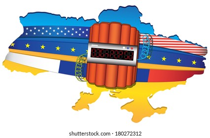 Ukraine conflict: map wrapped by USA, European Unit and Russian flags. Big explosive with timer. Vector illustration isolated on white background.