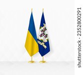 Ukraine and Connecticut flags on flag stand, illustration for diplomacy and other meeting between Ukraine and Connecticut. Vector illustration.