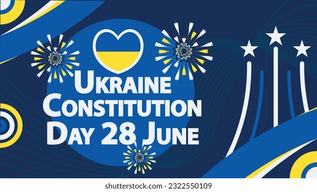 Ukraine Verfassung Tag Vektorbanner-Design mit Retro geometrischen Formen, Ukraine Flagge und Farbe Thema Grafiken, Feuerwerk und Typografie auf dunkelblauem Hintergrund. Poster zum ukrainischen Verfassungstag.