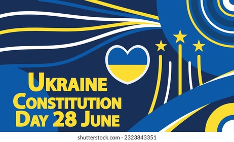 Ukraine Verfassung Tag Vektorbanner-Design mit Retro-geometrischen Formen, Ukraine Flagge und Farbe Thema Grafiken, Herz-Form und Typografie auf dunkelblauem Hintergrund. Poster zum ukrainischen Verfassungstag.