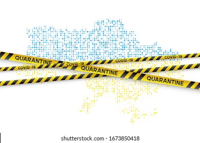 Ukraine Coronavirus quarantine concept. Covid-19, MERS-Cov. Yellow and black stripes with map in ukrainian national flag colors. Quarantine biohazard sign. Vector.