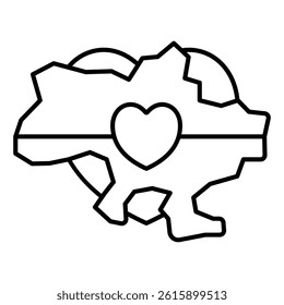 Ukraine country borders and heart thin line icon, stop war concept. Vector graphics. War area and heart shape sign on white background, linear style for mobile or design