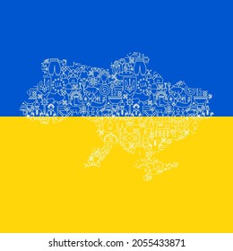 Mapa de la bandera de Ucrania. Vector Thin Contorno Símbolos Nacionales.