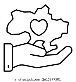 Ukraine country in hand thin line icon, stop war concept. Vector graphics. Borders of Ukraine with heart shape sign on white background, linear style for mobile or design