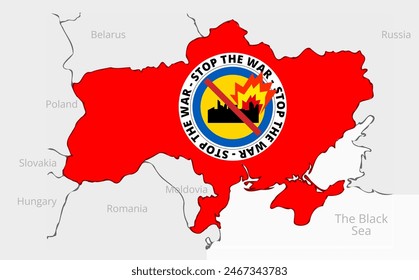 Ukraine country map in alarm red with the bordering countries and a sign with stop the war 