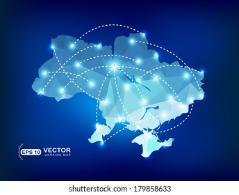 Ukraine country map polygonal with spot lights places