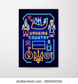 Ukraine Country Neon Flyer. Vector Illustration of Promotion.