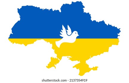Ukraine Country on Blue, Yellow Map with Dove Silhouette Icon. Ukrainian Map with Pigeon Symbol of Freedom, Peace. Ukraine Territory Shape with Border Pictogram. Isolated Vector Illustration.