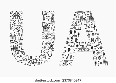 Ukraine creative abstract concept art. Silhouette letter ua from simple elements. Modern minimal geometric composition. National original design template. Patriotic fashion vector illustration.