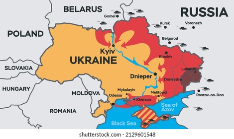 Ukraine crisis map. Russia and the US in Ukraine and the Middle East. Ukraine and Russia military conflict. Geopolitical concept illustration.