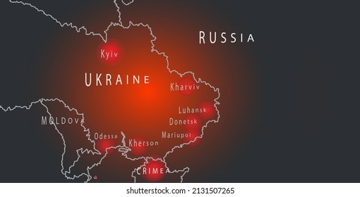 Ukraine crisis map. Russian Ukrainian military conflict. Vector illustration, geopolitical situation.