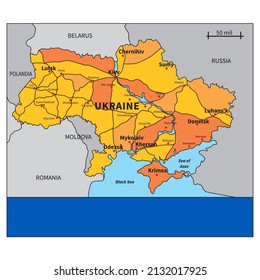 Ukraine crisis map. Ukrainian and Russian military conflict. Ukraine, administrative map with territory occupied by Russia. vector map.