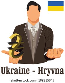 Ukraine currency symbol hryvnia representing money and Flag. Vector design concept of businessman in suit with his open hand over with currency isolated on white background in EPS10.
