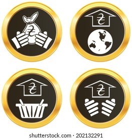 Ukraine currency symbol hryvnia representing money of the nation. White vector illustration of shopping basket. pictograph of globe, hand showing the growth of currency on golden web button icon. 