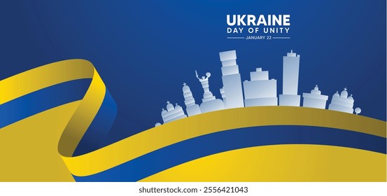 Ukraine Day of Unity  22 January cityscape on flag ribbon vector poster