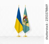 Ukraine and Delaware flags on flag stand, illustration for diplomacy and other meeting between Ukraine and Delaware. Vector illustration.