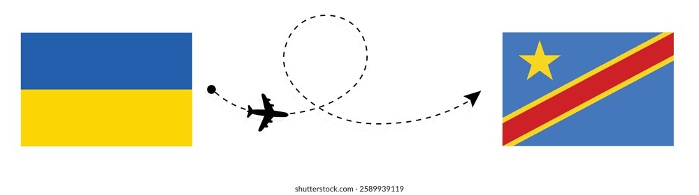 Ukraine to Democratic Republic of the Congo Flight Travel by Air. Kyiv to Kinshasa Flight Travel Concept Vector Art. Ukraine and Democratic Republic of the Congo Flags Together.