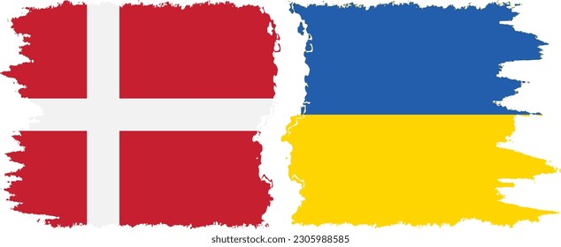Conexión de banderas onduladas de Ucrania y Dinamarca, vector