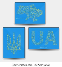 Ukraine Design Kunstkomposition.  Setzen Sie eine moderne minimale Illustration von Silhouette Karte, Wappen, Schrift ua aus verschiedenen Elementen. Nationales patriotisches Konzept für Hintergrunddruck, Poster, Cover.