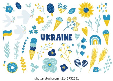 Ukraine design elements - dove, sunflower, heart, flag, flowers, leaves, branches, ice cream, donut, rainbow, wheat in yellow and blue colors. Perfect for cards. Vector illustration