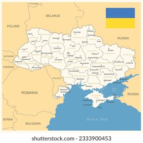 Ukraine - detailed map with administrative divisions and country flag. Vector illustration