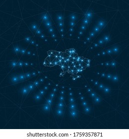 Ukraine digital map. Glowing rays radiating from the country. Network connections and telecommunication design. Vector illustration.