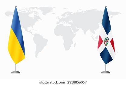 Ukraine and Dominican flags for official meeting against background of world map.