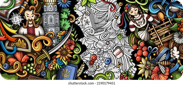 Ukraine doodle banner. Cartoon vector detailed flyer. Illustration with Ukrainian objects and symbols. Colorful background