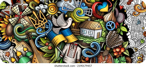 Ukraine doodle banner. Cartoon vector detailed flyer. Illustration with Ukrainian objects and symbols. Colorful background