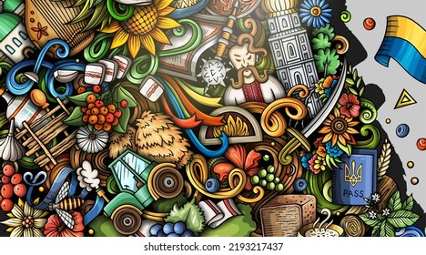 Ukraine doodle banner. Cartoon vector detailed flyer. Illustration with Ukrainian objects and symbols. Colorful background