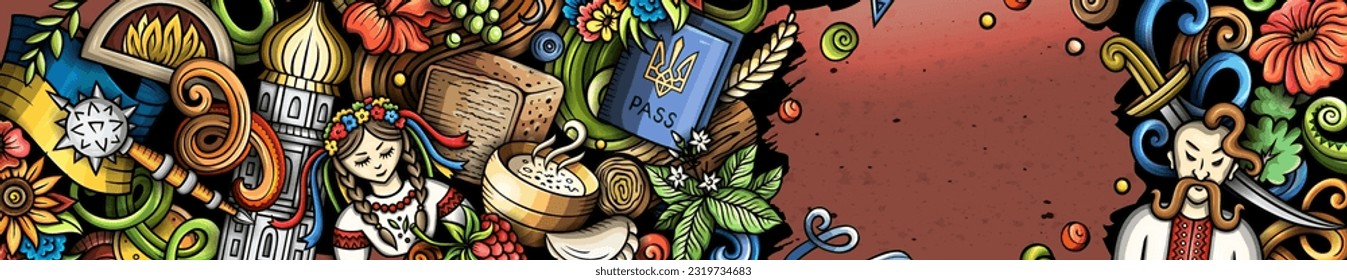 Ukraine doodle banner. Cartoon vector detailed flyer. Illustration with Ukrainian objects and symbols. Colorful background