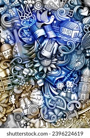 Ukraine doodle banner. Cartoon vector detailed flyer. Illustration with Ukrainian objects and symbols. Colorful watercolor background