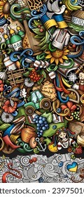 Ukraine doodle banner. Cartoon vector detailed flyer. Illustration with Ukrainian objects and symbols. Colorful background