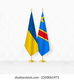 Ukraine and DR Congo flags on flag stand, illustration for diplomacy and other meeting between Ukraine and DR Congo. Vector illustration.