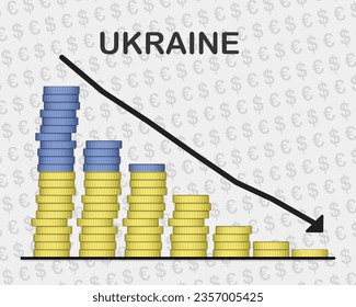 Ukraine economic collapse, decreasing values with coins, crisis and downgrade concept, Ukraine flag with changes, falling arrow, news banner idea, fail and decrease, financial decline