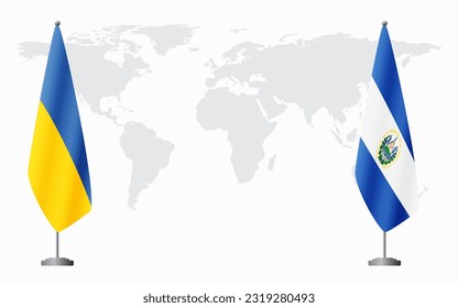 Ukraine and El Salvador flags for official meeting against background of world map.