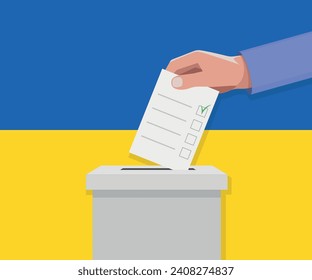 Ukraine election concept. Hand puts vote bulletin into vote box.