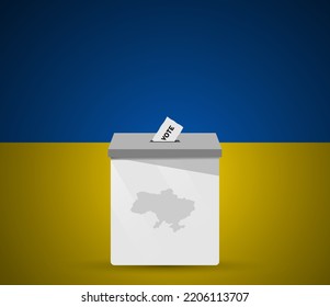 Elecciones en Ucrania con caja de votación y bandera de Ucrania para ondear un diseño de afiches de fondo. Ilustración vectorial.