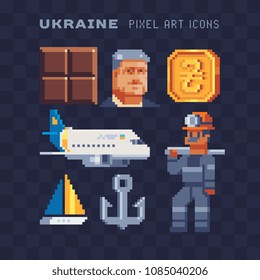 Ukraine elements culture pixel art set Part1, chocolate, plane, Ukrainian hryvnia currency, working character. Isolated vector illustration. Travel and tourism. 8-bit. Design sticker, app, logo.