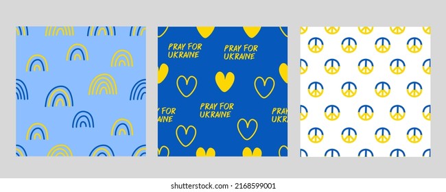 Ukraine elements seamless pattern set. Pray for Ukraine. Peace for Ukraine. Rainbow , heart and peace symbol vector.